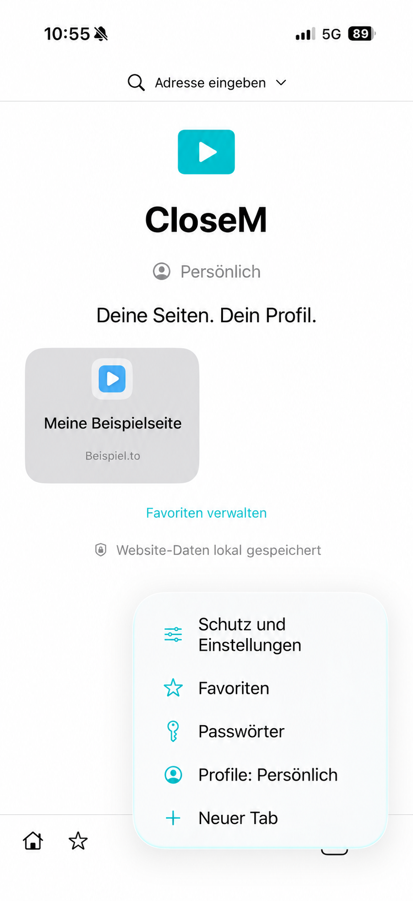 CloseM Premium mit geöffnetem Menü für Schutz, Favoriten, Passwörter und Profile