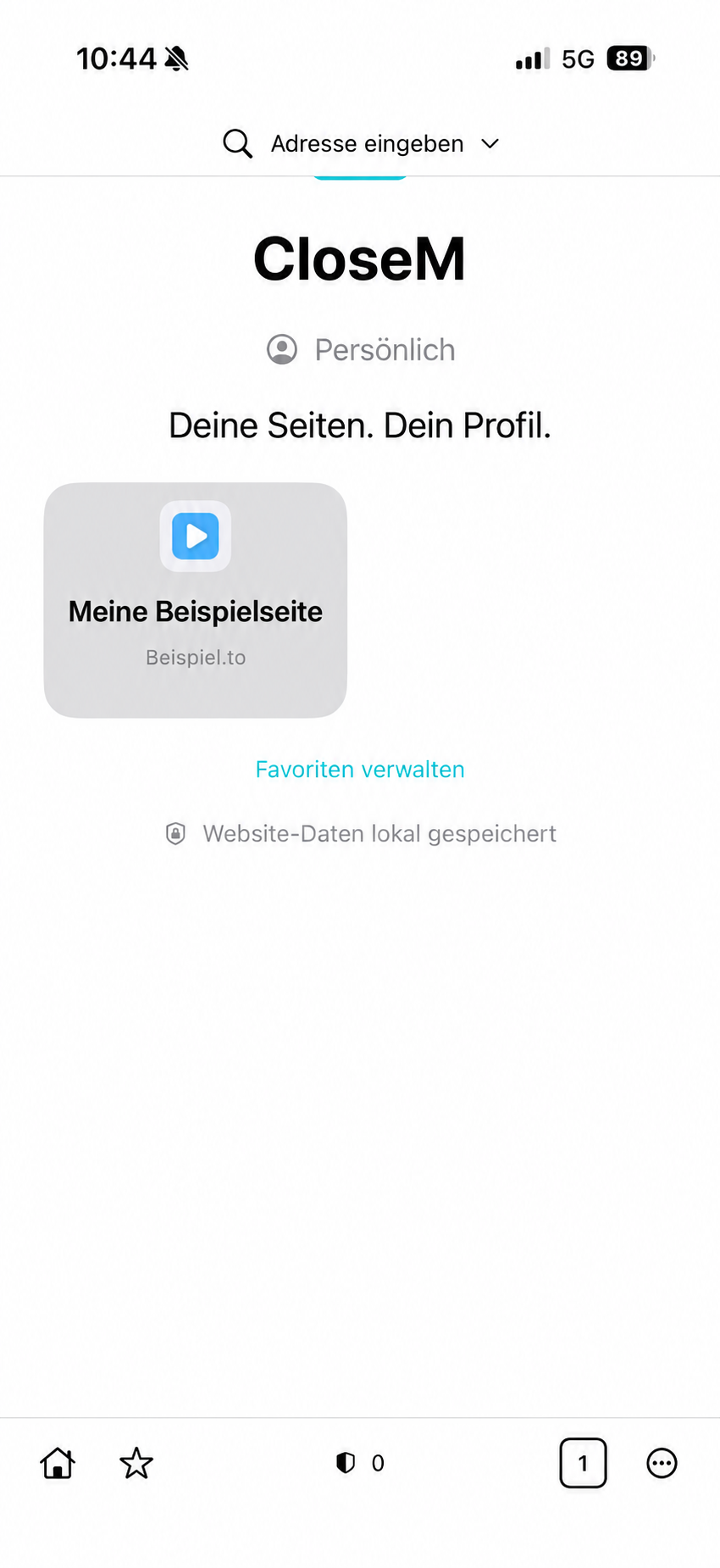 CloseM Premium: Startseite mit Beispiel-Favorit und werbefreier Oberfläche